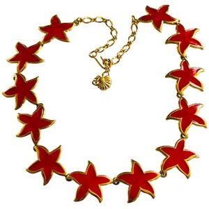 VTG 70s Regal Bars Starfish Star Necklace collar gold plated red enamel rare 19"